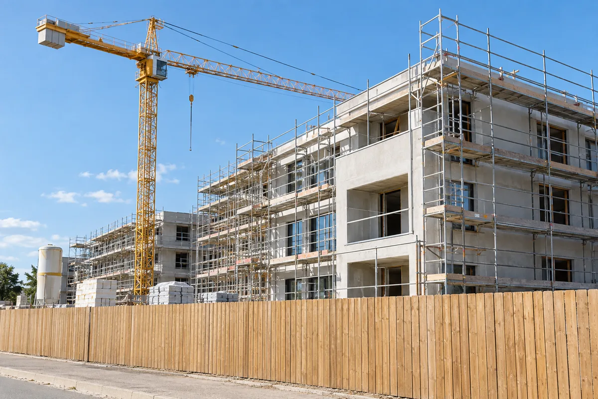 Chantier de construction propre avec grue et façade en cours d&rsquo;enduit derrière une palissade unie sous un ciel clair
