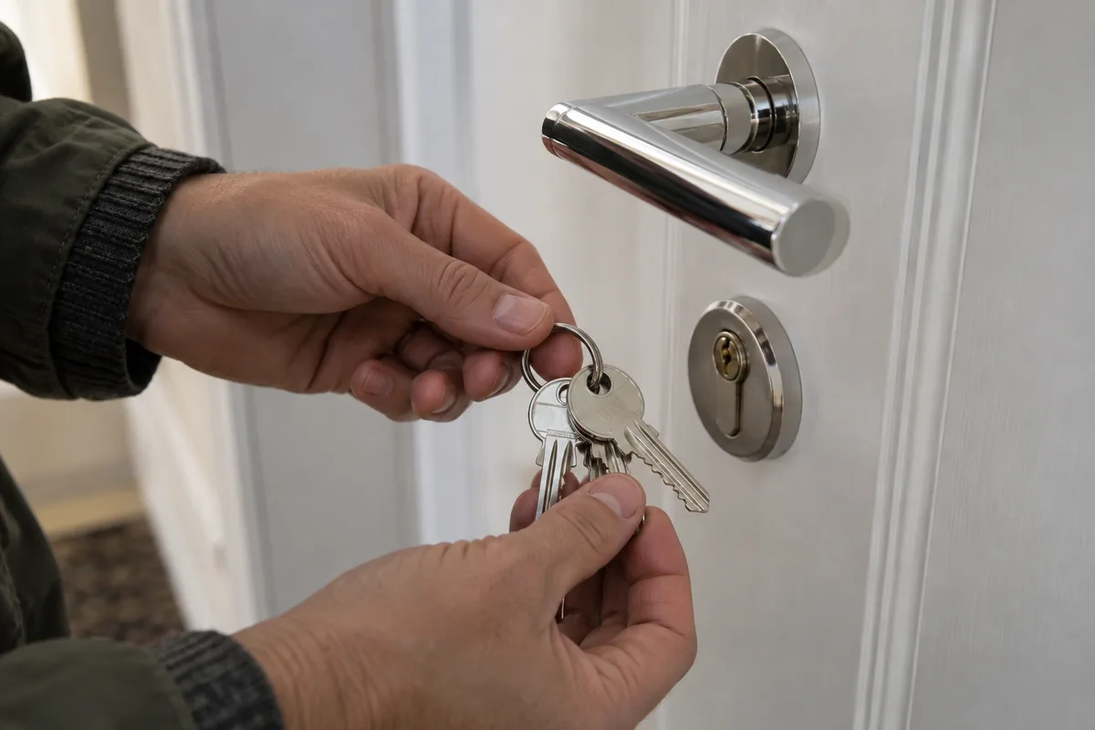 Mains tenant un trousseau de clés neuves devant une porte d&rsquo;entrée blanche d&rsquo;appartement