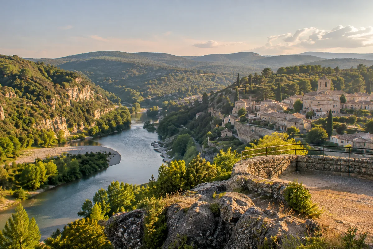 Vallée ardéchoise avec rivière, village de pierre et collines boisées sous un ciel d&rsquo;été