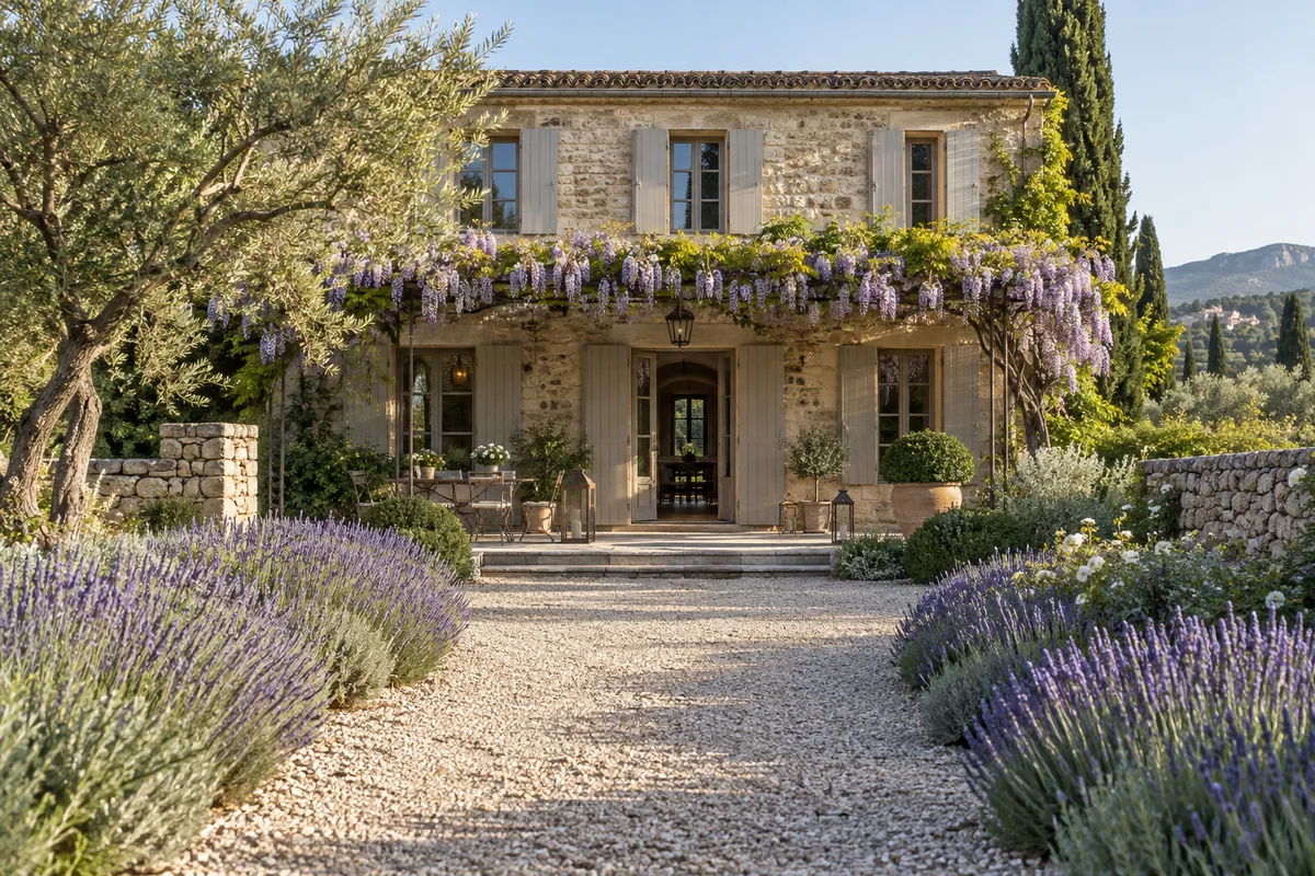 Maison d&rsquo;invités en pierre avec pergola couverte de glycine au bord d&rsquo;une allée de gravier
