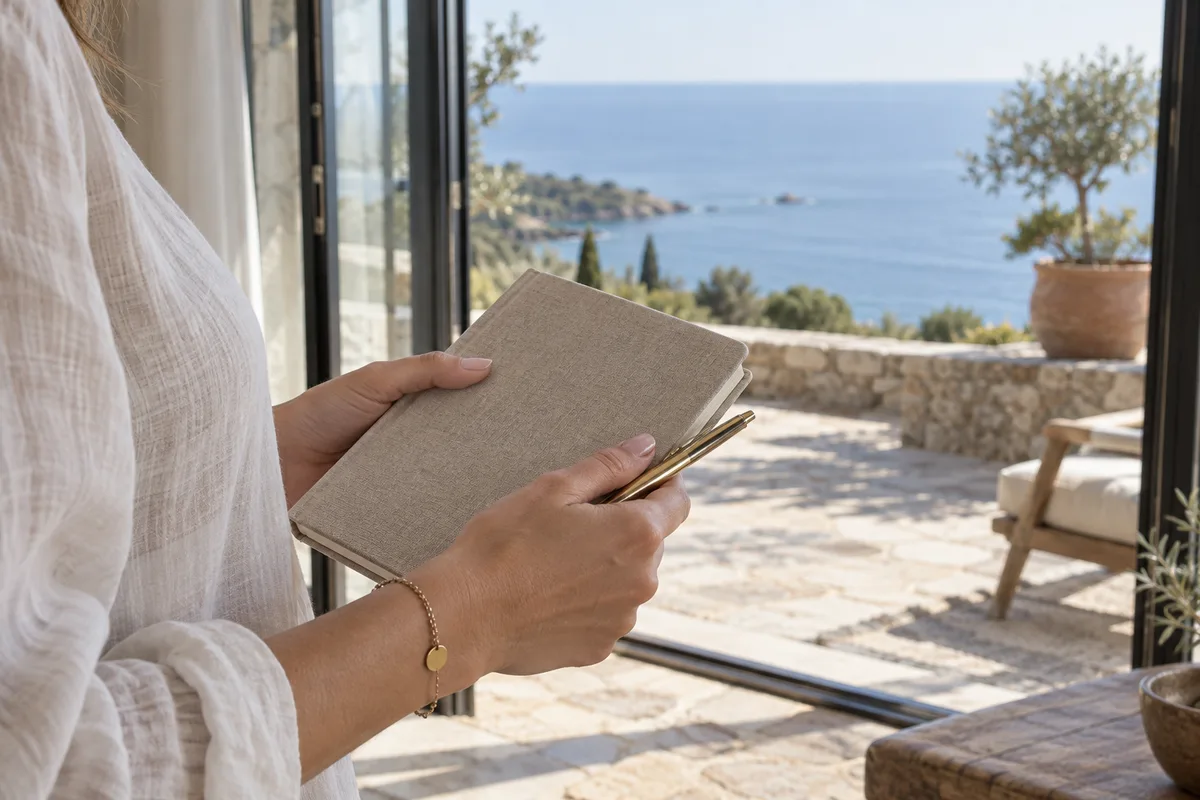 Mains d&rsquo;une femme tenant un carnet fermé et un stylo devant une baie vitrée ouverte sur une terrasse et la mer