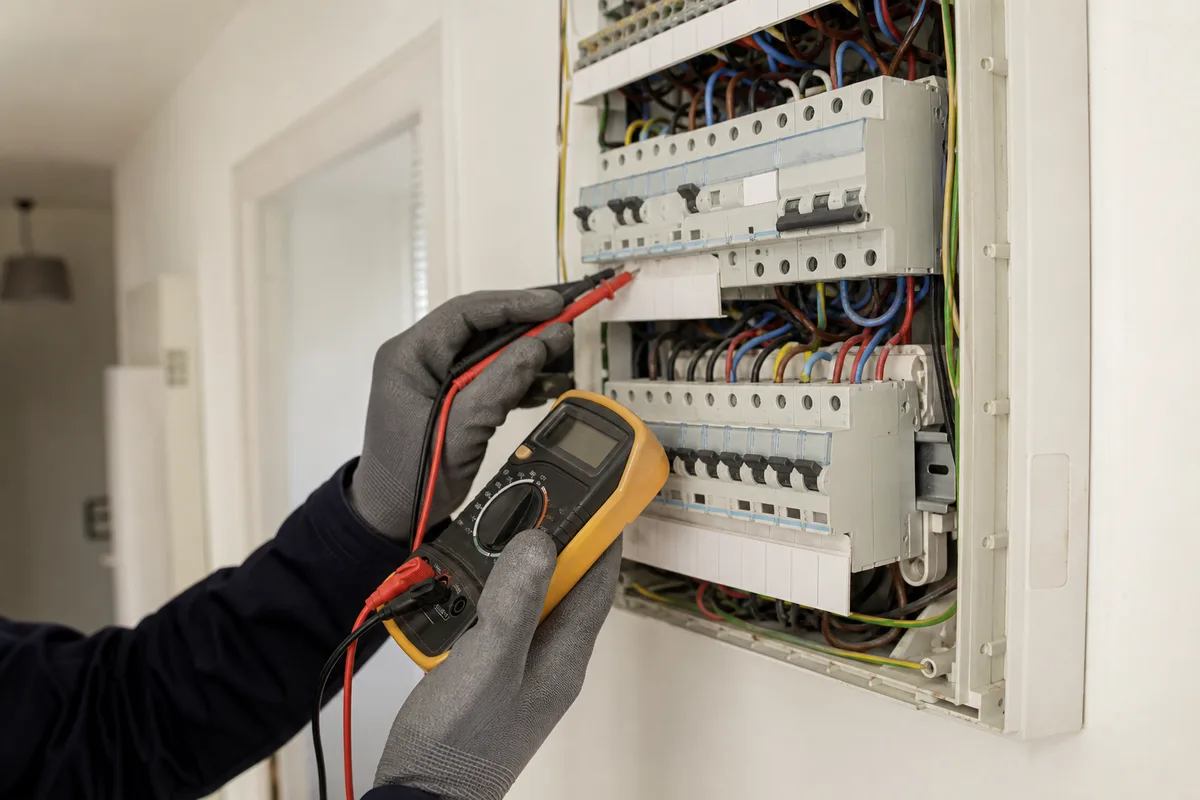 Diagnostiqueur immobilier examinant un tableau électrique dans une maison ancienne