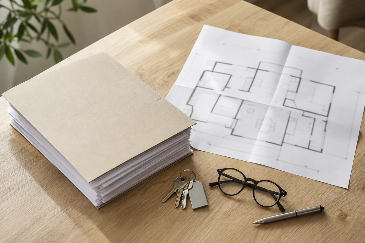 Dossier de diagnostic technique posé sur une table avec plans et clés de maison