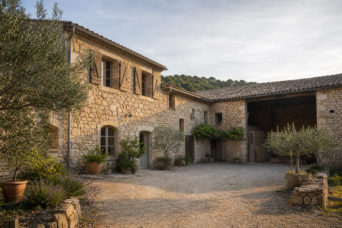 Ancien corps de ferme en pierre restauré en habitation, façade et dépendances, lumière de fin d&rsquo;après-midi