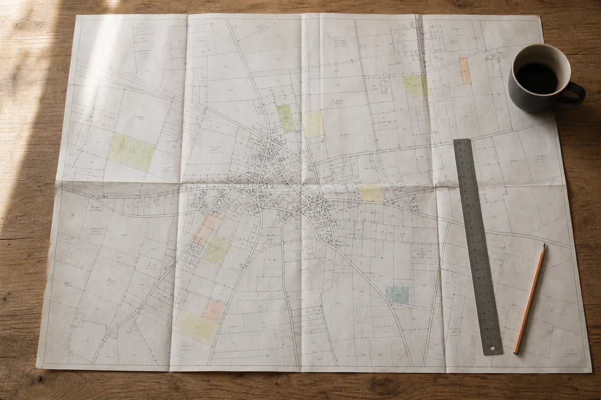 Carte cadastrale d&rsquo;une commune rurale annotée au crayon, parcelles surlignées, sur une table en bois