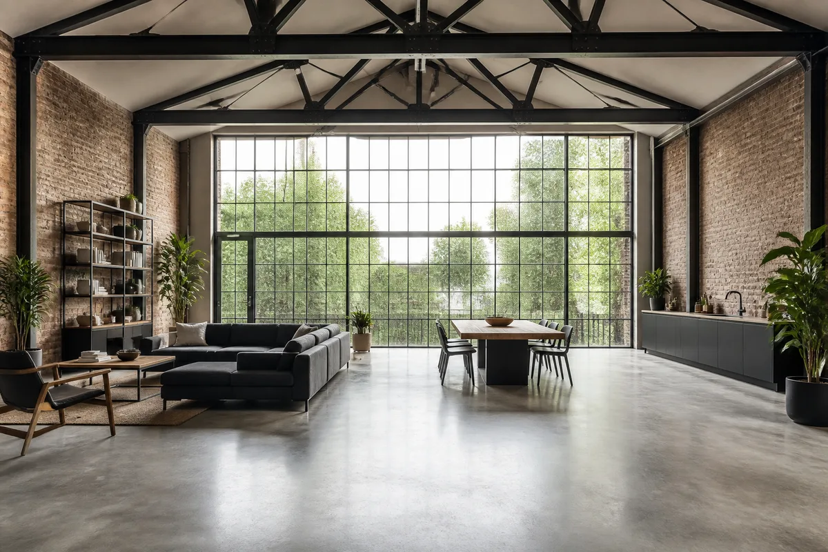Loft aménagé dans un ancien atelier industriel, verrière métallique, charpente apparente, mobilier sobre