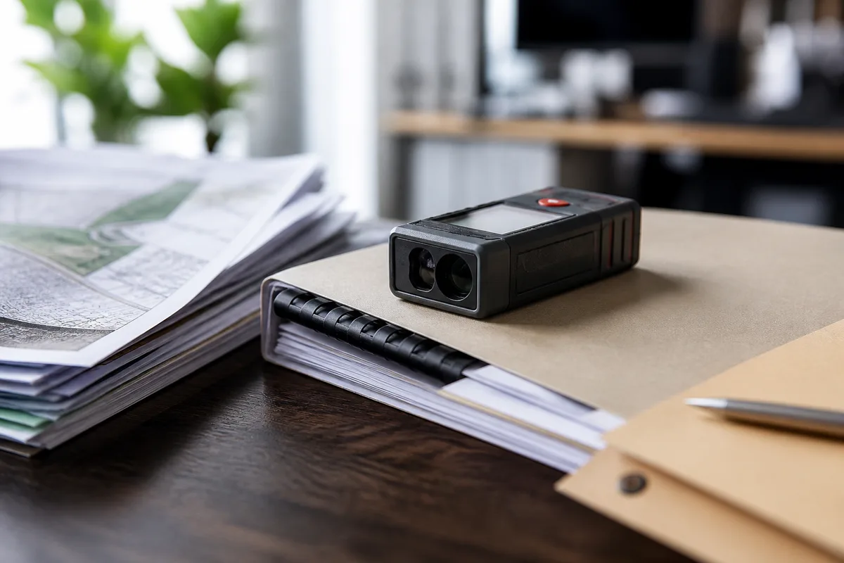 Bureau d&rsquo;expert immobilier avec mètre laser, rapport relié et documents d&rsquo;urbanisme, lumière naturelle de fenêtre
