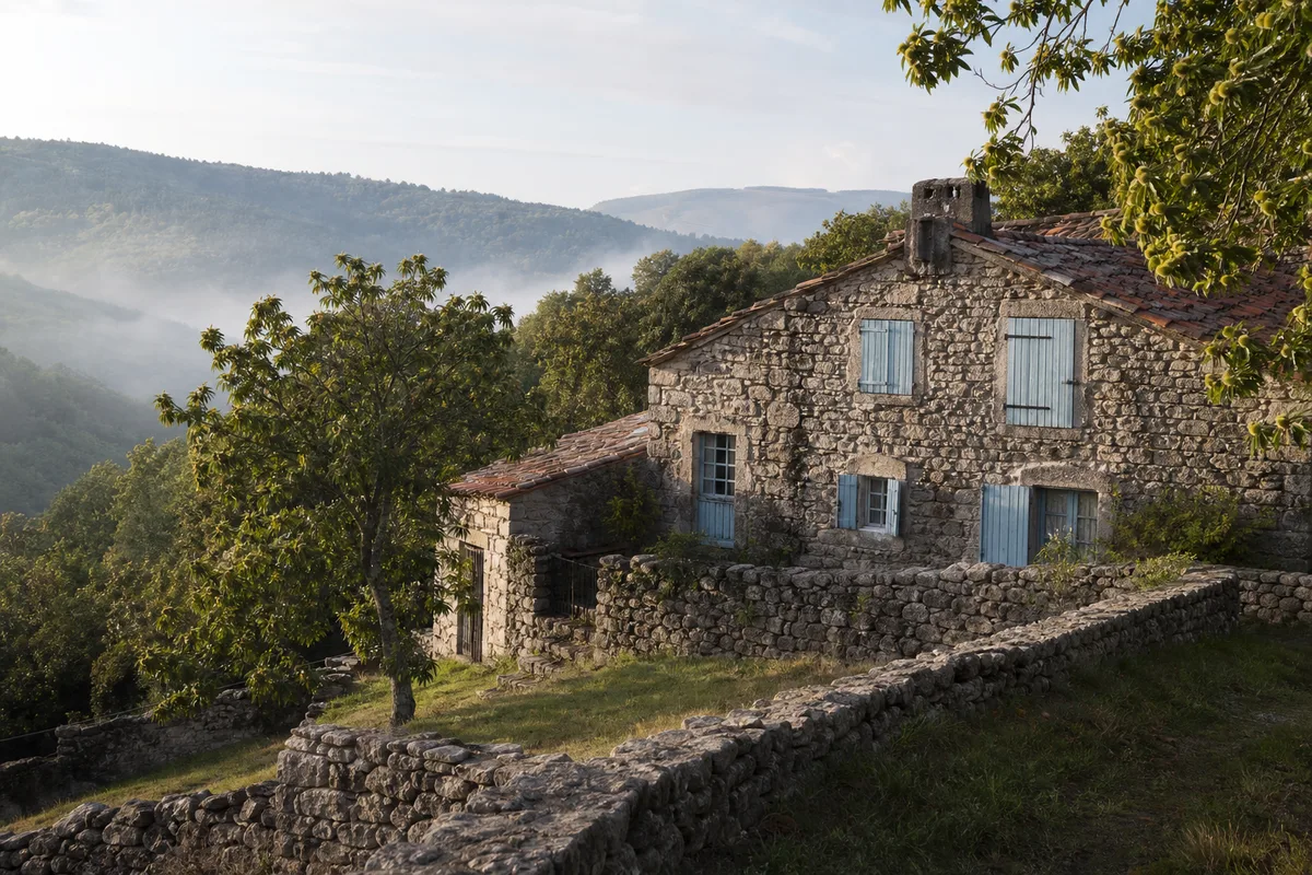 Vieille bâtisse en pierre de la campagne ardéchoise mise en vente
