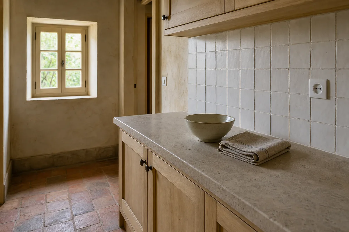 Cuisine équipée d&rsquo;une maison ancienne française avant déménagement