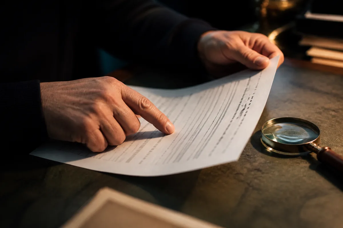 Vendeur relisant les clauses d un contrat immobilier, gros plan sur les mains et le document