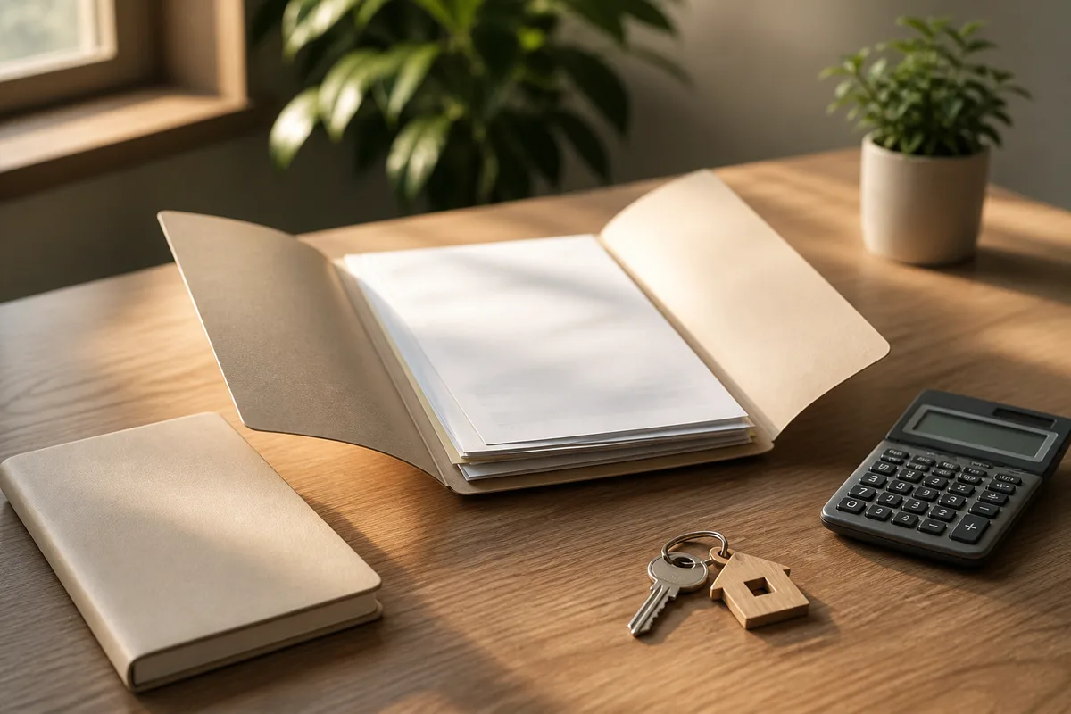 Bureau de vendeur avec dossier de vente immobiliere, calculatrice et cle de maison