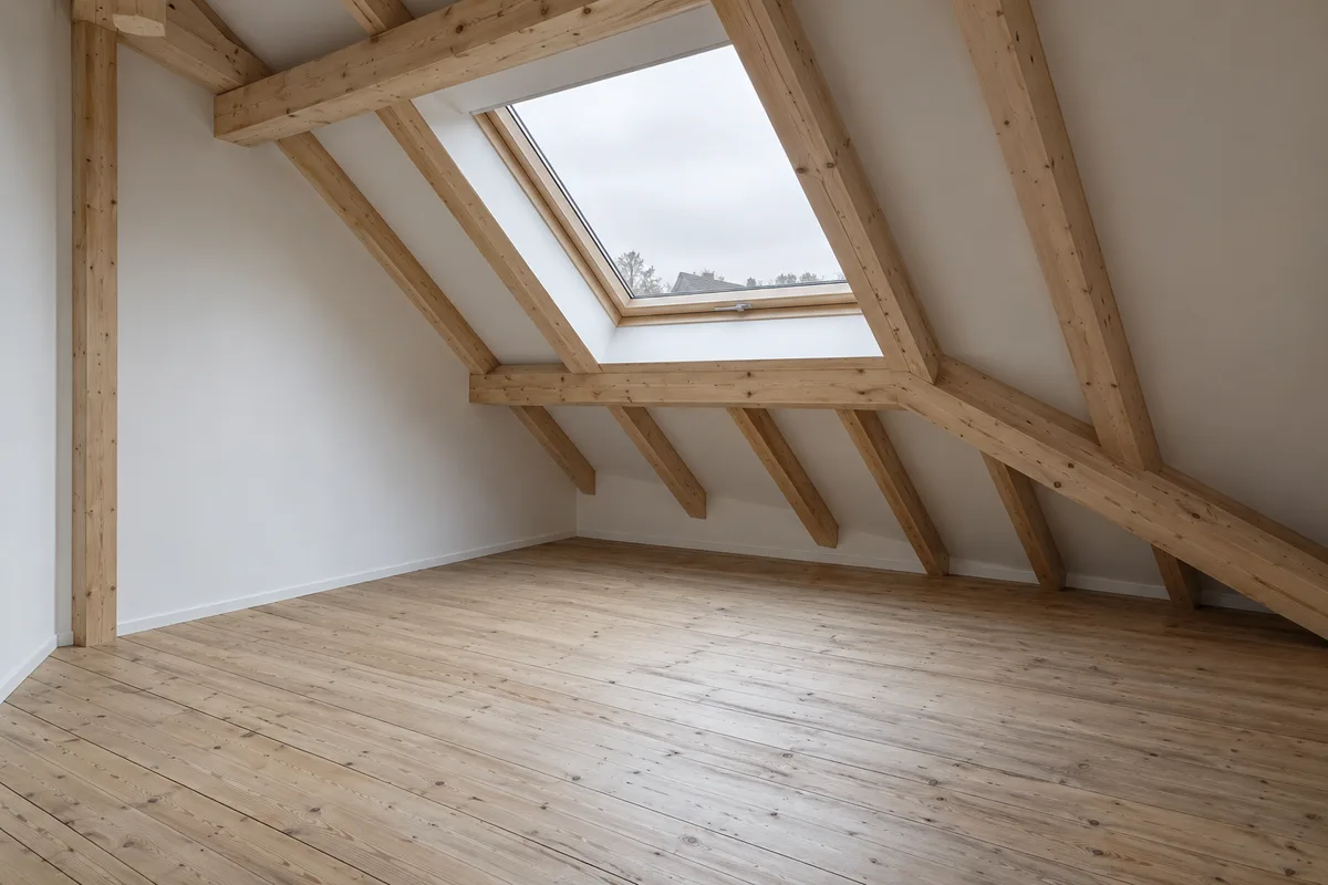 Chambre mansardée vide sous charpente apparente, rampant descendant vers le plancher
