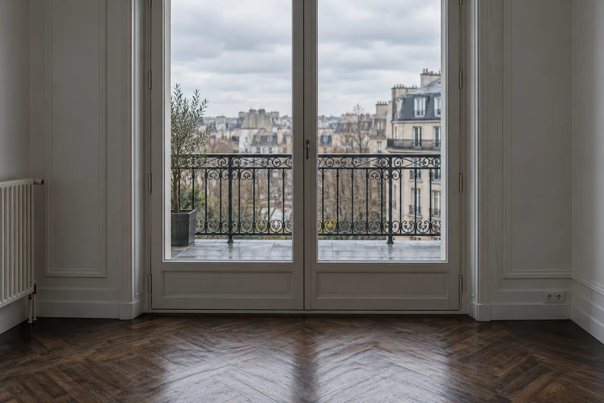 Porte-fenêtre fermée vue depuis un séjour vide, ouvrant sur un balcon carrelé