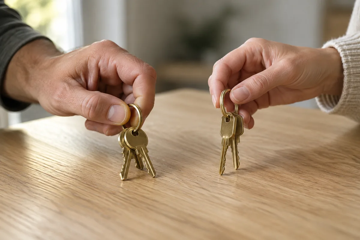 Mains tenant deux trousseaux de clés au-dessus d&rsquo;une table en bois clair