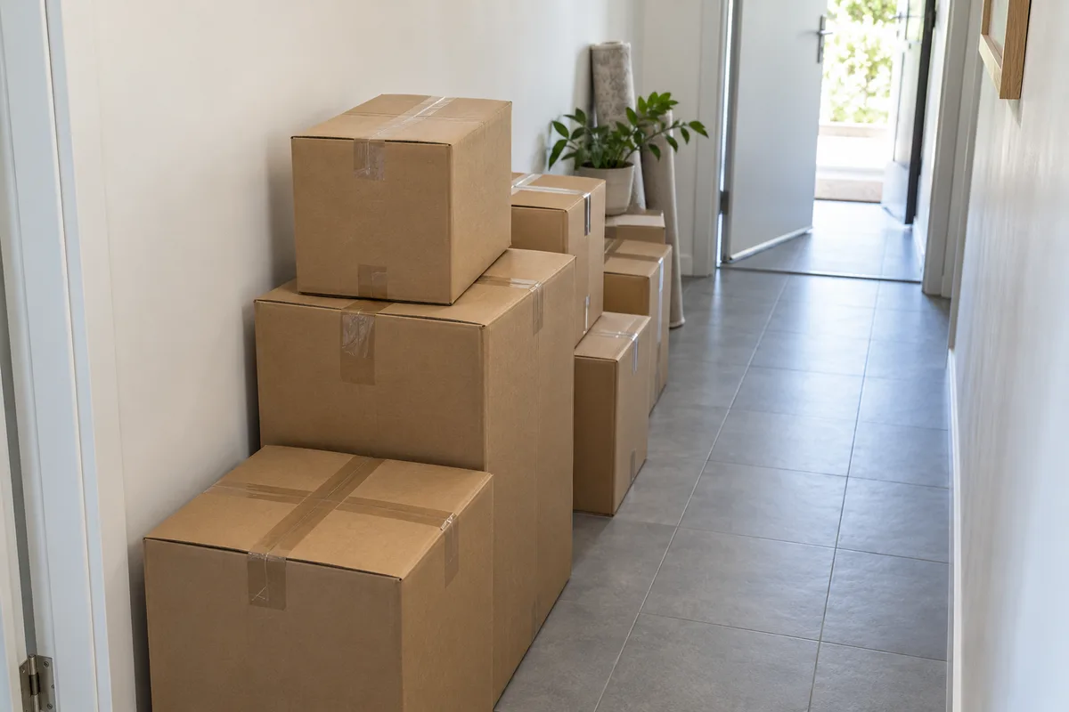 Cartons de déménagement fermés empilés dans un couloir aux murs clairs